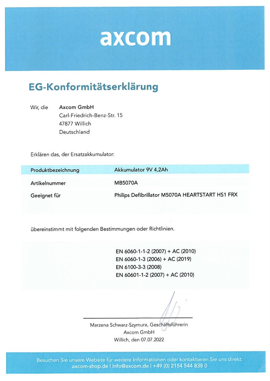 LiMnO2 Batterie für Philips Heartstart Defibrillatoren HS1, FRx 9V 4,2Ah LiMnO2 Batterie für Philips Heartstart Defibrillatoren HS1, FRx 9V 4,2Ah