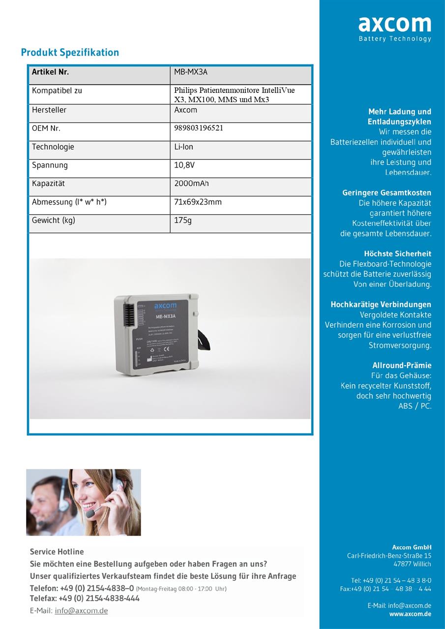 Li-Ion Akku für Philips IntelliVue X3, MX100, MMS und MX3 Patientenmonitore - 10,8V 2Ah