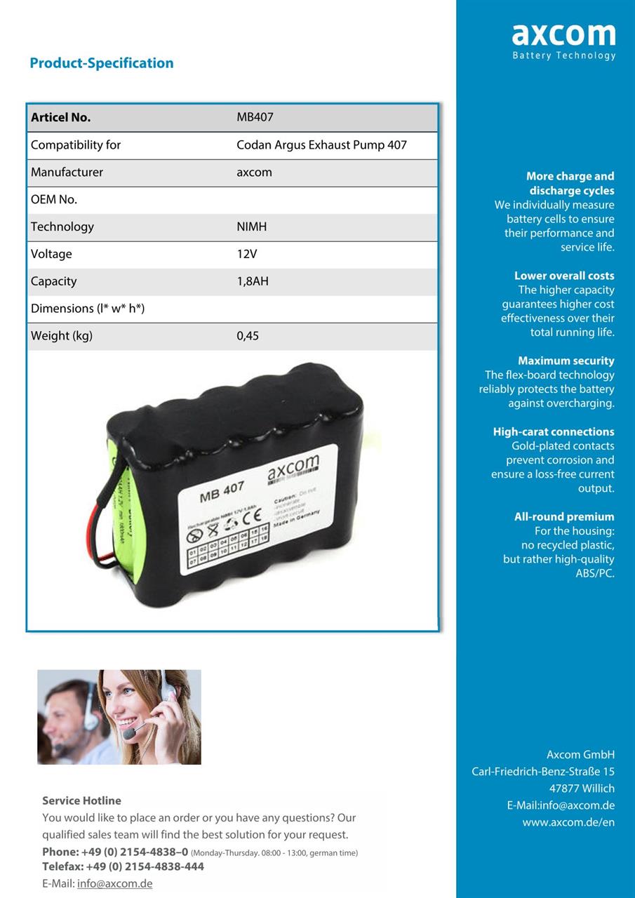NiMH Akku für Codan Argus Infusionspumpe 707 - 12V/1800 mAh NiMH Akku für Codan Argus Infusionspumpe 707 - 12V/1800 mAh