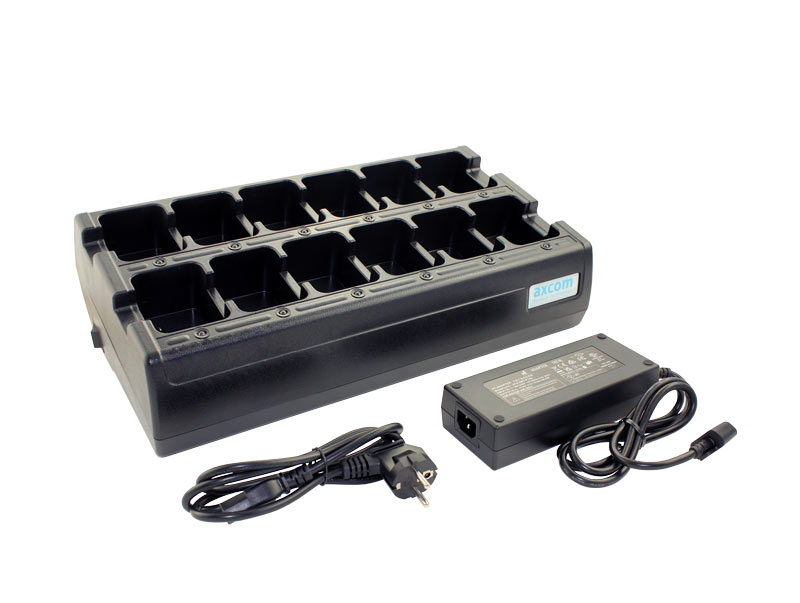 Ladegerät mit 12 Ladeschächten für Funkgeräte und Akkus