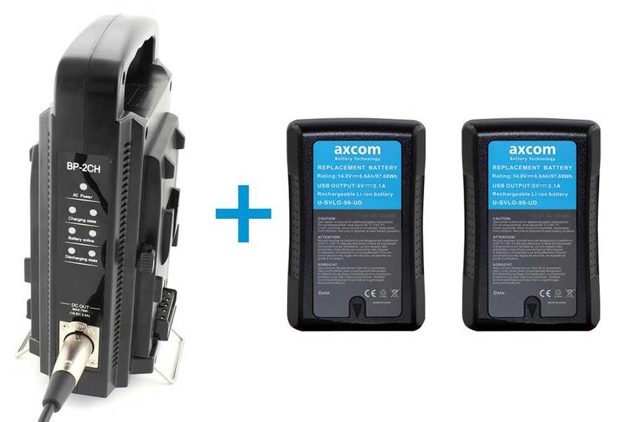 Bundle aus 2 V-Mount Akkus (U-CSVLO-99-UD) und Ladegerät (SM-CPVM-2) Bundle aus 2 V-Mount Akkus (U-CSVLO-99-UD) und Ladegerät (SM-CPVM-2)