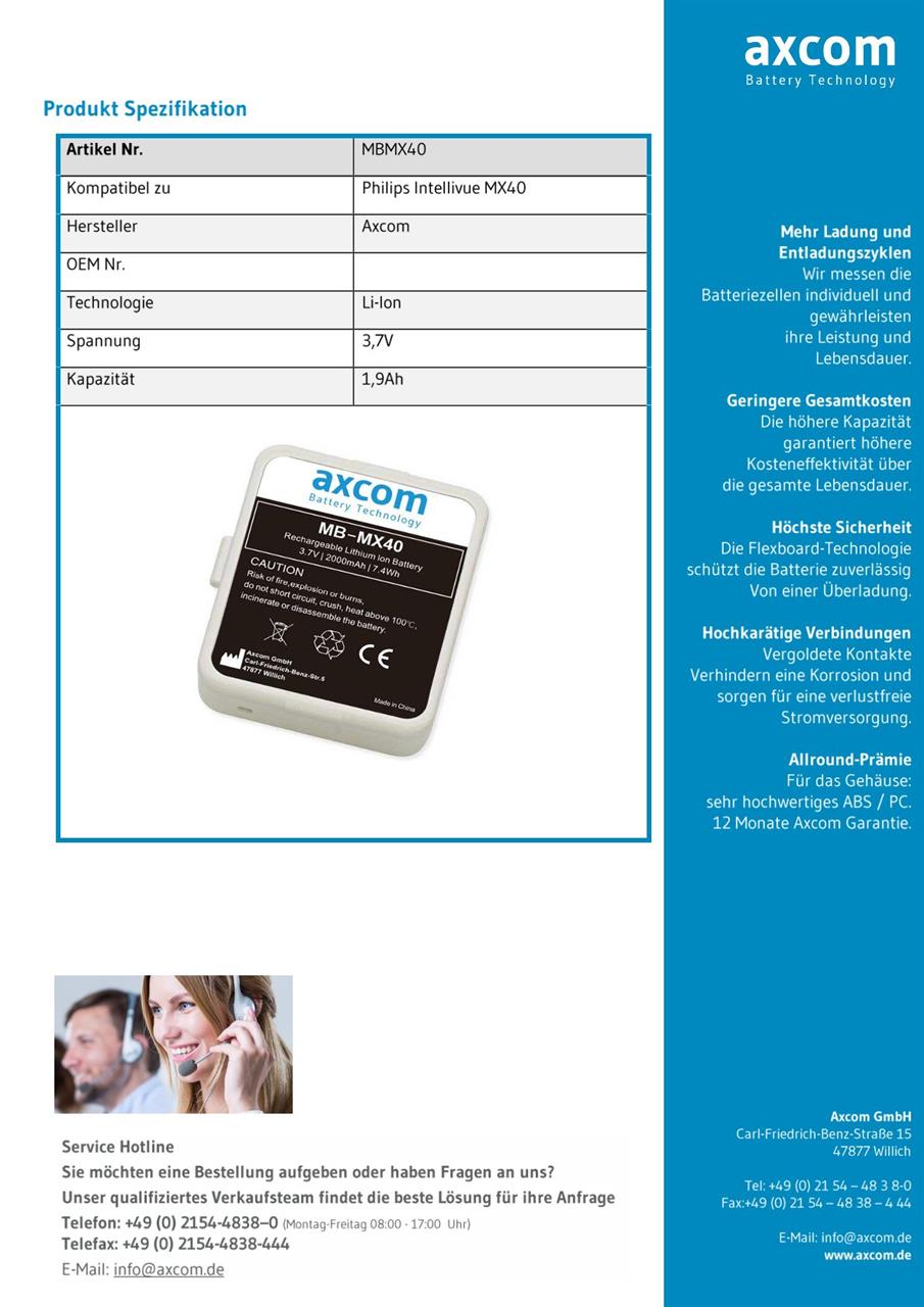 Li-Ion Akku für Philips IntelliVue MX40 - 3,7V 1,9Ah