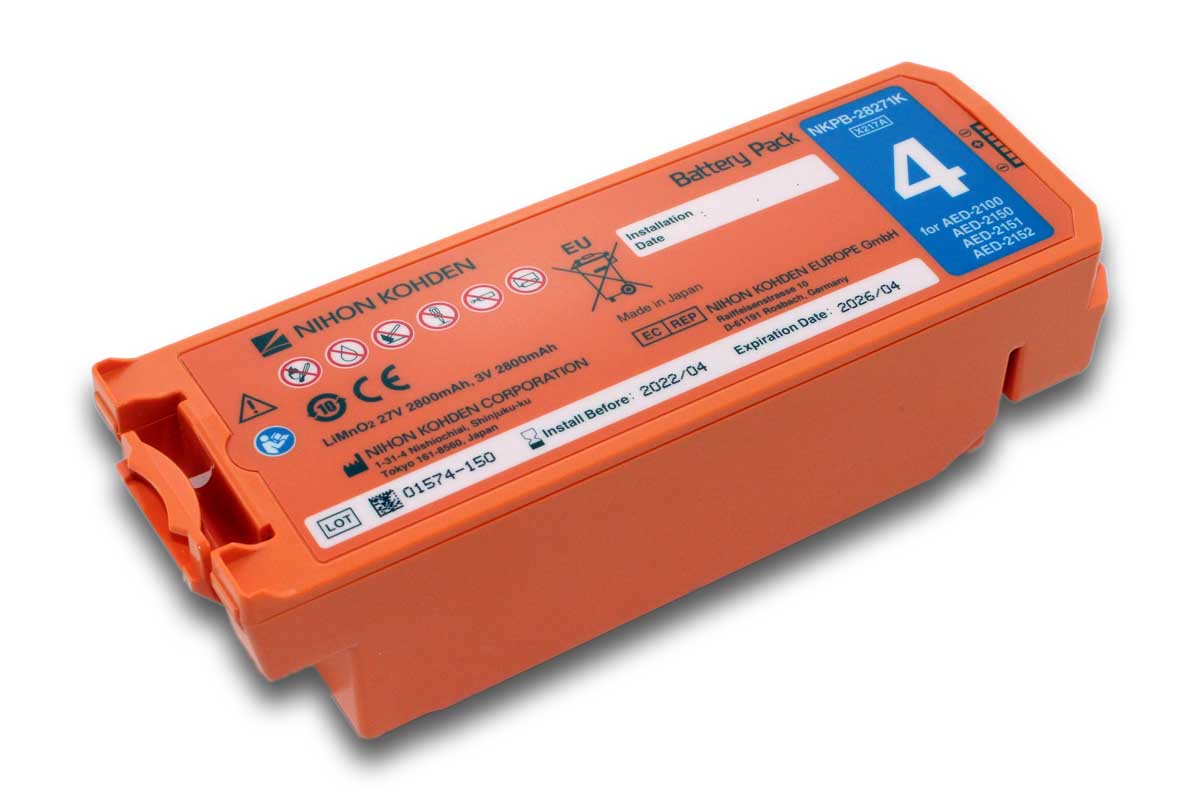 LiMnO2 Batterie für Nihon Kohden Defibrillator Cardiolife AED2100 ab SN 5001, AED2150, 27V/2,8Ah LiMnO2 Batterie für Nihon Kohden Defibrillator Cardiolife AED2100 ab SN 5001, AED2150, 27V/2,8Ah