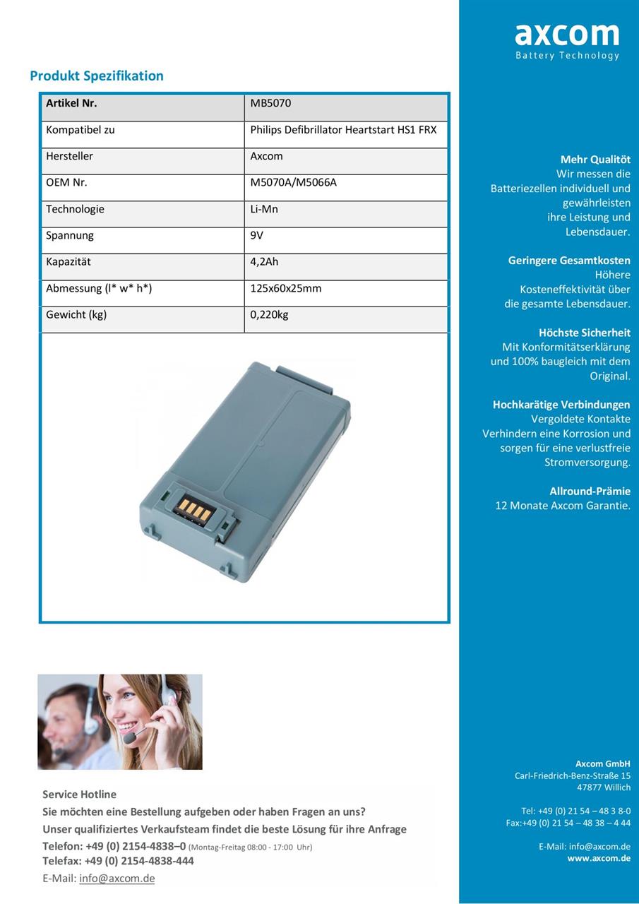 LiMnO2 Batterie für Philips Heartstart Defibrillatoren HS1, FRx 9V 4,2Ah