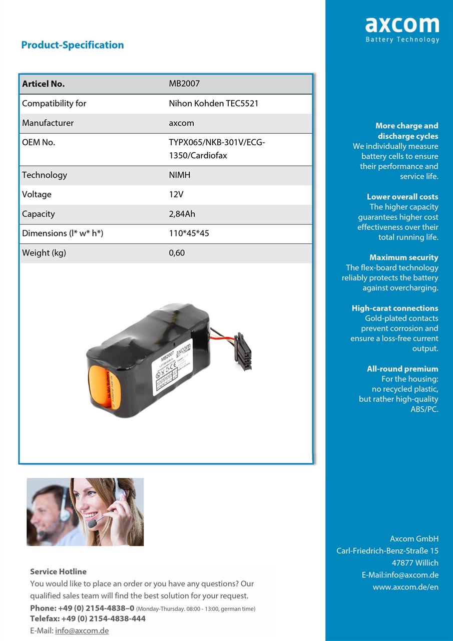 NiMH Akku für Nihon Kohden TEC5521, TEC5531, TEC5631, TEC7621, TEC7631, TEC7721, TEC7731 - 12V/3Ah